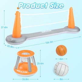 AURASUN Inflatable Pool Volleyball Net, Floating Swimming Pool Set with Basketball Hoop, Summer Pool Game Toy for Kids and Adults, Float Water Volleyball Court