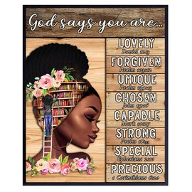 African American I Am Decor - Black Wall Art - Catholic Christian Religious Gifts for Women - God Says You Are - African American Girls - Inspirational Scripture - Motivational Spiritual Bible Verses