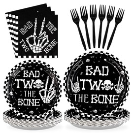 96Pcs Bad Two The Bone Party Supplies Black White Rock 2nd Birthday Plates and Napkins Tableware Bone Skull Second Birthday Party Decoration for Boy Skeleton Rock And Roll Music Theme Favors Serve 24