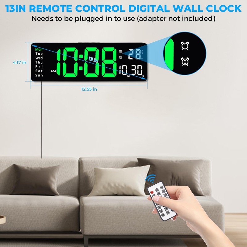Sukeen Digital Wall Clock, 13" Digital Clock Wall Clock Alarm