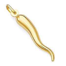 TWJC 14k REAL Yellow Gold Cornicello Italian Horn Charm Pendant - 30 x 7 mm