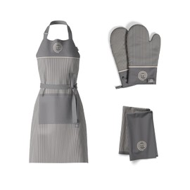 MasterChef Set of 3 Tea Towels, Kitchen Apron and Oven Gloves, Heat Resistant, Grey, 100% Cotton with Hanging Loops, Machine Washable