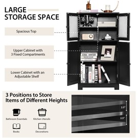 Giantex Storage Cabinet with Doors - Bathroom Floor Cabinet, Freestanding Tall Cabinet w/ 2 Tempered Glass Doors, Adjustable Shelf, Kitchen Cupboard Storage Organizer for Hallway Living Room (Black)