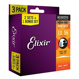 Elixir Nanoweb 16546 Acoustic Ph Bronze 13-56 Western Guitar Strings Pack of 3