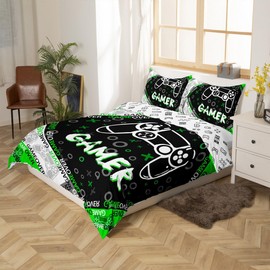 Kids Video Games Gamer Duvet Cover Set for Boys Teens Green and Black Gaming Bedding Set Video Game Gaming Comforter Cover Stylish Geometric Bedding & Linen With 1 Pillowcase 2Pcs Single Size