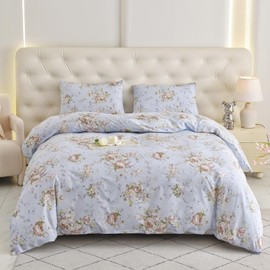 Duvet Cover Queen Size Rose Floral Bedding Peony Flower Quilt Cover Set Farmhouse Bedding 100% Cotton Soft Comforter Cover Set with Zipper Closure & Corner Ties (Blue, Queen)