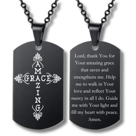 Grace Amazing Cross with Prayer Necklace, Stainless Steel Engraved Tag (Black Color, 20")