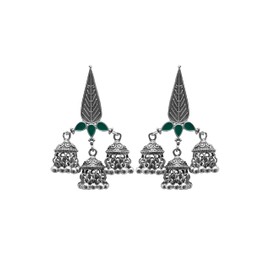 Indian Ethnic Silver Oxidized Boho Fashion Tribal Gypsy Traditional Stones Pearl Beads Dangle Jhumki Jhumka Earrings (TASSELGREEN)