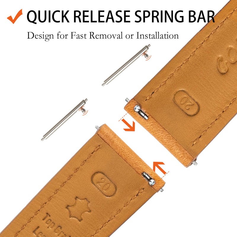 Gomvadr Quick Release Leather Watch Band, Tan/Silver Buckle, 22mm