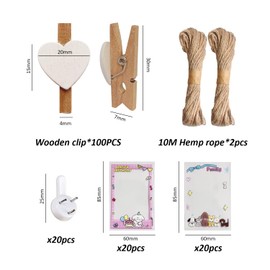 100Pcs Clips with 10 Meters String and 2Pcs Seamless Nails, 20Pcs Photo Card Holders, Wooden Love Clips, Holiday Card Holders, Photo Clips, DIY Art Decoration Clips