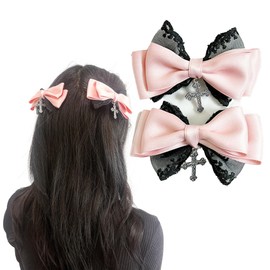 Lace Ribbon Clip with Cross Bijou Set of 2 Pink Lolita Yume Cute Gothic Lolita Hair Clip Hairpin Hair Accessories [Parallel Imported Imported Product]