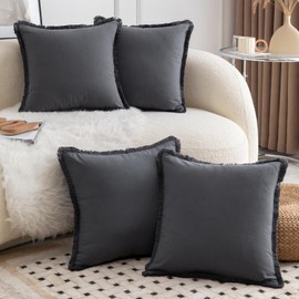 Mandioo Set of 4 Neutral Cotton Cushion Covers, 50 x 50 cm, Autumn Tassels, Decorative Cushion Covers, Boho Sofa Cushion, Decorative Cushion Cover for Couch, Sofa, Bedroom, Living Room, Grey