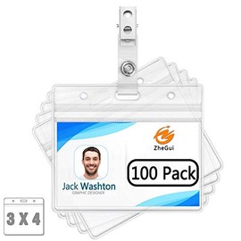 Horizontal ID Badge Holder and Metal Clips with Vinyl Strap Clear Plastic Name Tag Holders Waterproof PVC ID Card Holder by ZHEGUI(100 Pack, Horizontal 2.3X3.5)