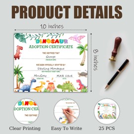 Wild Dinosaur Adoption Certificate - 8 x 10 Inches Jungle Dinosaur Adoption Party Decorations, Certificates for Kids, Girls or Boys, Adopt A Pet Party Favors - A16