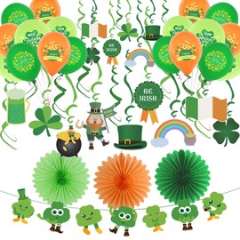 YiiiGoood St. Patrick Decorative Clover Leaf Banner Irish Balloons Ireland Decorative Ceiling Hanger Paper Fan Decoration St. Patrick's Day Green Orange Carnival Decoration