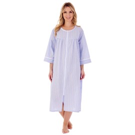 Slenderella Seersucker Zip Front Gathered Yoke 45 inch Housecoat (10/12, Blue)