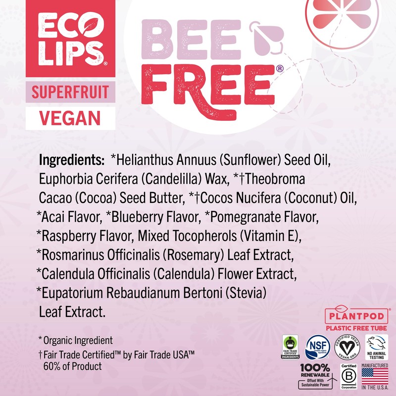 Eco Lips Vegan Superfruit Bee Free Lip Balm Includes Candelilla