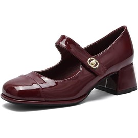 Women's Patent Leather Classic Mary Jane Chunky Heel,Dressy Round Toe Pumps,Retro Mary Jane Soft Work Low Heels (5,Red)