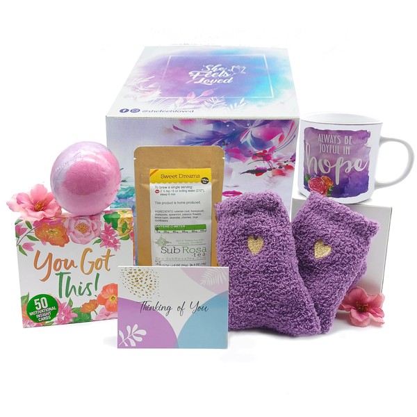 SHE FEELS LOVED Self Care Gift Basket for Women – Stress Relief Gift for Mom, Wife, Friends, 7-in-1 Self Care Kit, Get Well Gift Basket, Thinking of You Gifts, Christmas Gift Baskets for Women