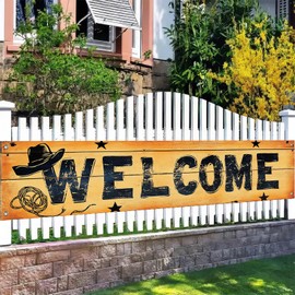 BlissYard Western Welcome Banner 118x20 Inch Cowboy Porch Sign with Hat Rope Star Print for Farmhouse Wall Decor Rustic Country Outdoor Hanging Banner Party Decorations Outdoor Entryway Display