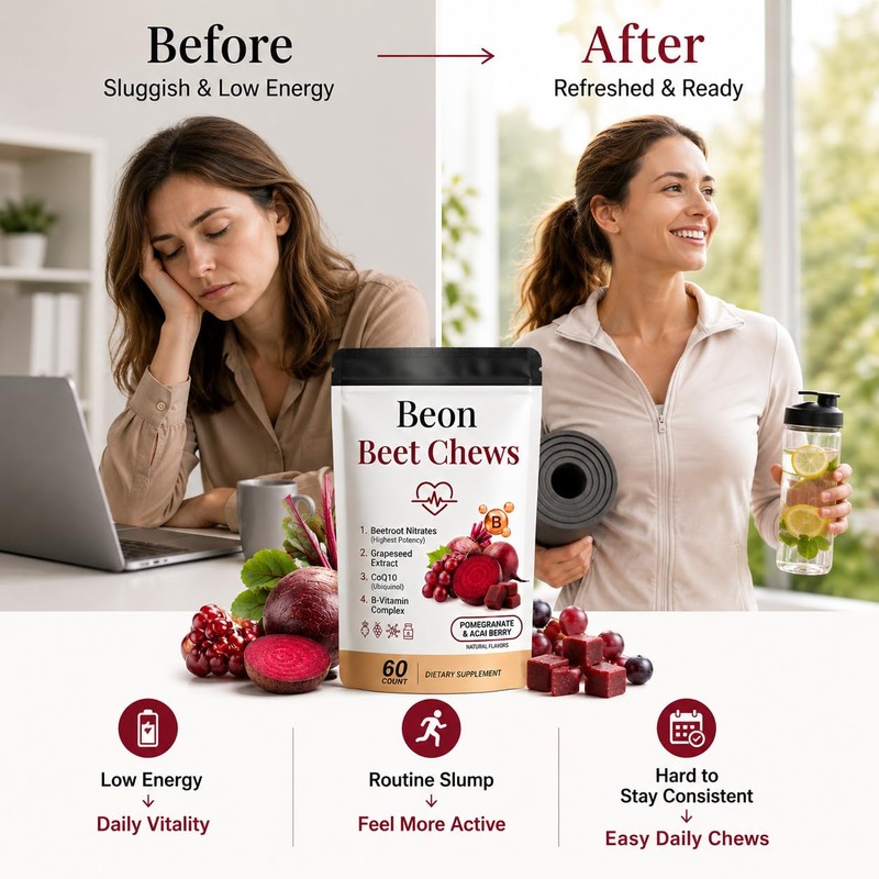 Beon Beet Chews, Beon Beetroot Chews Gummies with Grape Seed
