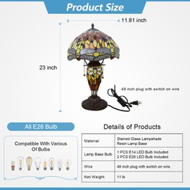 JGWSMQ Tiffany Table Lamp 3 Lights Dragonfly Stained Glass Table Lamp Victorian Mother-Daughter Vase Bedside Lamp with Night Light for Bedroom Living Room Home Coffee Decor,11inch