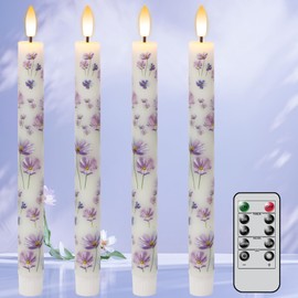 GenSwin Flameless Taper Candles with Remote, 4 Pack Spring Taper Candles Battery Operated, Real Wax LED Battery Candlesticks with Flower Decals for Spring Home Decorations(Purple Flower, 0.75”x9.65”)