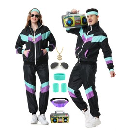 KUKIKUKI 90s 80s Fancy Dress Men Costumes Outfit Shell Suits Elastic Waist Tracksuit Set 80s for Couples Dress Hip Hop Rapper 1980s Tracksuit