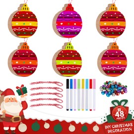 Lanpn Christmas Ornament to Paint, Unfinished Blank Round Wood Wooden Slices Cutouts for Christmas Tree Hanging DIY Crafts Decor Decorations (48pcs, Round)
