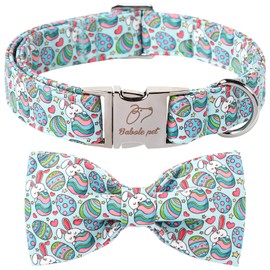 Babole Pet Easter Dog Collar with Bowtie, Easter Eggs Bowtie Dog Collar with Safety Metal Buckle, Easter Day Gift Rabbit Dog Collar with Bow for Girls&Boys Dogs, Medium