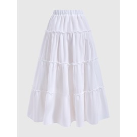 winkbay Women's Summer Tiered Ruffle Maxi Skirt High Waisted Flowy Boho Vacation Skirts White Large