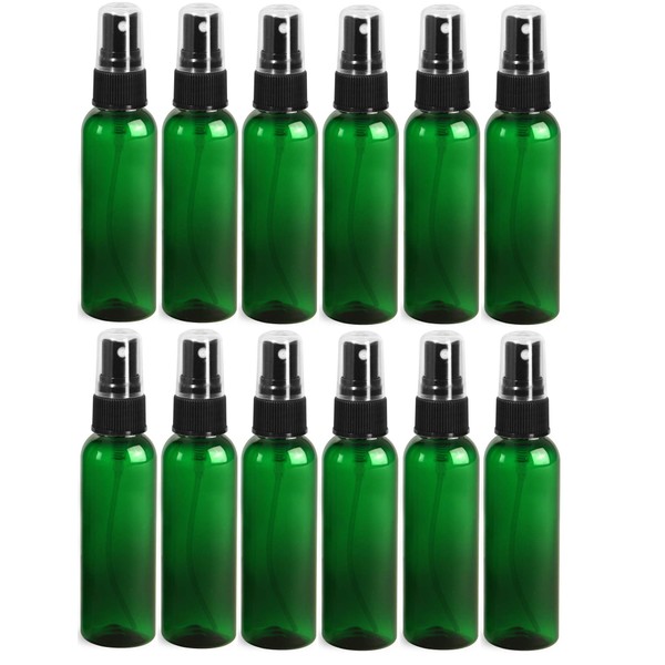 Premium Essential Oil 2 Ounce Cosmo Round Bottles, PET Plastic Empty Refillable BPA-Free, with Black Ribbed Fine Mist Pump Spray Caps (Pack of 12) (Green)