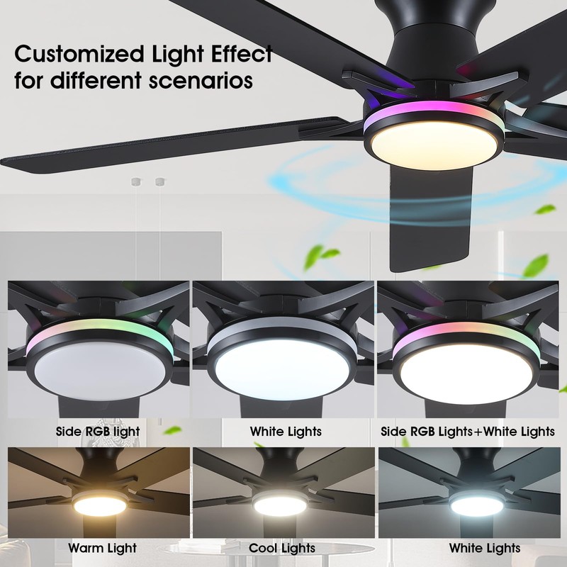 Goniyado 52" RGB Ceiling Fans with Lights and Remote/APP,Black Low