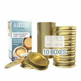 Regular Mouth Lids & Bands, Red Plastisol, Gold - 12 sets of Bands & Lids per box, 10 boxes per package, 120 Sets, 240 Total Pieces