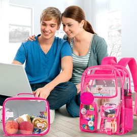 CCJPX 3Pcs Clear Backpack for Girls, School Transparent Bookbag for Women, Cute Heavy Duty See Through Backpacks for Teens Elementary (Rose)