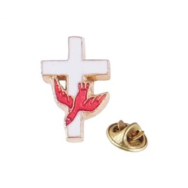 Lapel Pin Brooch - Red Dove on White Cross Confirmation Badge