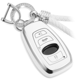 CTRINEWS for Subaru Key Fob Cover with Luxury Diamond Bling Braided Rope Keychain, Upgraded Soft Key Case for Forester XV CrossTrek Ascent Outback Legacy Impreza STI WRX BRZ Shell (Silver, A1)