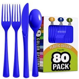 Party Solids Dark Blue Plastic Silverware Heavy Duty 80 Pcs Dark Blue Plastic Cutlery Set Disposable Utensil Sets, 40 Forks 20 Knives & 20 Spoons Disposable Flatware For Party Supplies