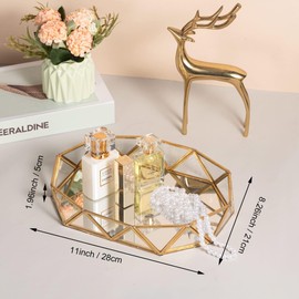 Feyarl Gold Glass Perfume Tray Mirror Vanity Jewelry Trinket Organizer Tray Ornate Cosmetic Makeup Display Geometric Shape Decorative Tray for Bathroom Home Decor Dresser Tabletop Countertop (11inch)