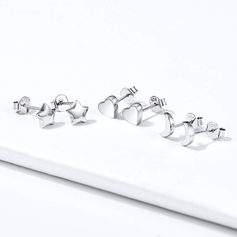 ChicSilver 925 Sterling Silver Heart/Star/Moon Stud Earrings for Women 3