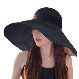 OhMill Ladies Wide Big Brim Sun Hat with Bowknot UV Protection Foldable Fashion Beach Hat for Women Black