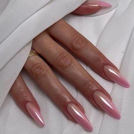 IMRAIN Press on Nails Long Stiletto Chrome Fake Nails Pink Gradient Acrylic False Nails Glossy Aurora Glue on Nails Bling Artificial Stick on Nails for Women Girls Nails Decoration for Women 24Pcs