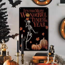 Skeleton Pumpkin Leaf Autumn Seasonal Metal Sign
