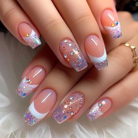 24Pcs Purple Glitter French Tips Press on Nails Glossy Medium Coffin Fake Nails Rhinestones Acrylic Full Cover False Nails Curve Gel Glue Stick on Fingernails for Women Holiday Manicure Art