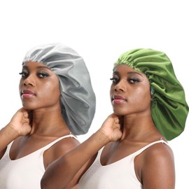 Satin Sleep Cap, Adjustable Satin Cap, Silk Bonnet, Reusable Bath Hair Cap for Night Sleeping Reversible Double Layer 2 Pack (Silver + Fern Green)