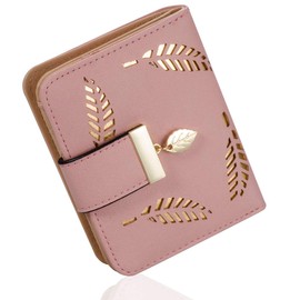 CHAOFANXI Women's Purse Hollow Leaf Pattern Bifold Leather Lady Long Purse Purse Zip Birthday Christmas Gifts for Women Girls, S pink, Contemporary