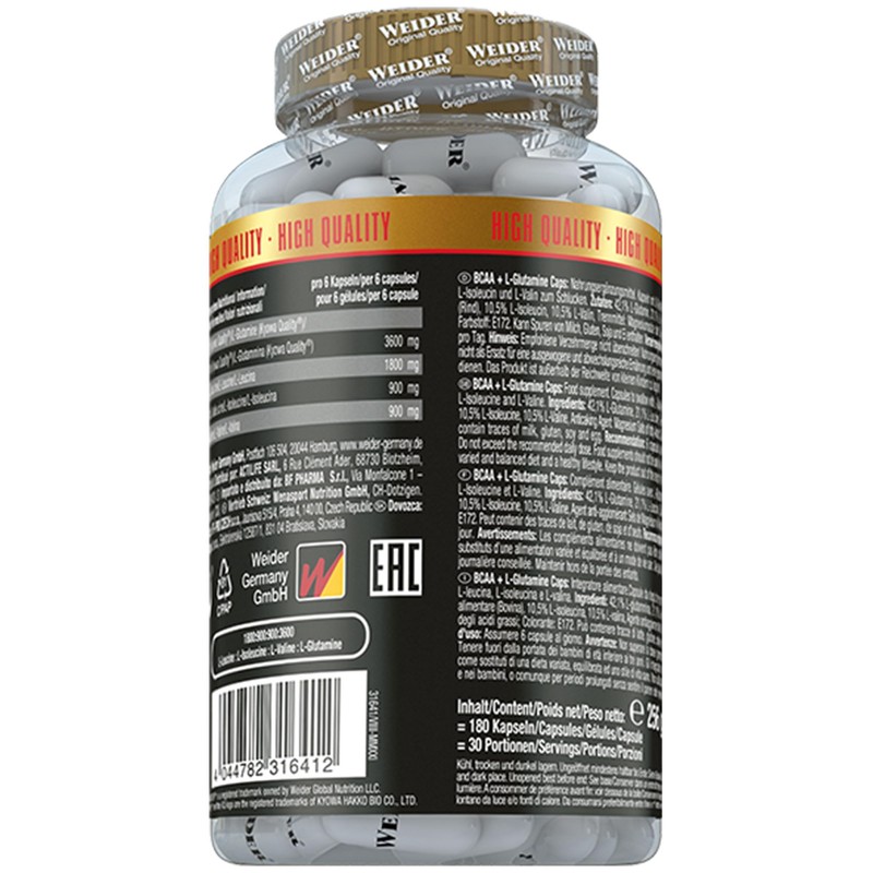 Weider BCAA + Glutamine, Recovery, Strength, Endurance, 180 Capsules
