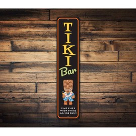 Tiki Bar Vertical Sign, Time Flies When You're Having Rum Sign - 4 x 18 inches