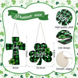 Capoda 2 Pcs St. Patrick's Day Door Sign Lucky Shamrock Wooden Hanging Sign Religious Loads of Luck Plaque Buffalo Plaid Blessing Cross Welcome Sign for Irish Christian Party Door Wall Home Decoration