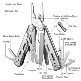 HONZIN Multitool Pliers 18-in-1 Stainless Steel Pocket Multi-Tool, Wire Cutters, Scissors, Screwdriver, Bottle and Can Openers, with Nylon Sheath, Camping, Outdoor, Repair